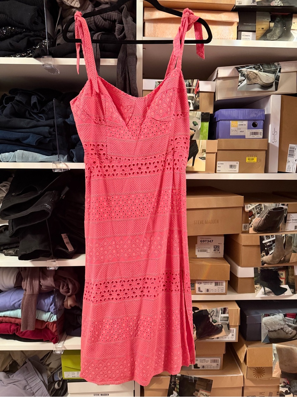 Steve Madden coral Eyelet Midi Dress with Tie Straps